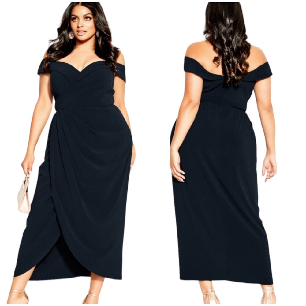 City Chic Off-Shoulder Maxi Dress in Navy Black